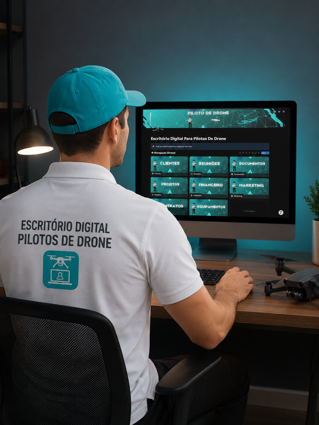 Piloto de drone usando o Escritório Digital no computador