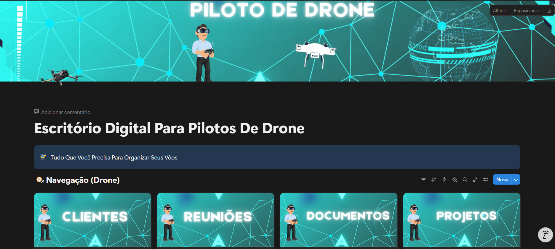 Template Notion Escritório Digital para Pilotos de Drone — dashboard com módulos Clientes, Reuniões, Documentos, Projetos, Financeiro, Marketing, Contratos e Equipamentos